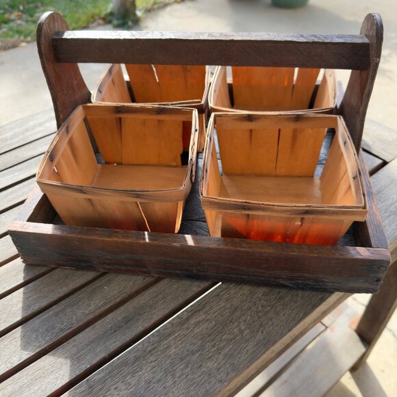 Vintage Handmade Rustic Wooden Berry 4 Basket Carrier Farmhouse Decor - Picture 6 of 16